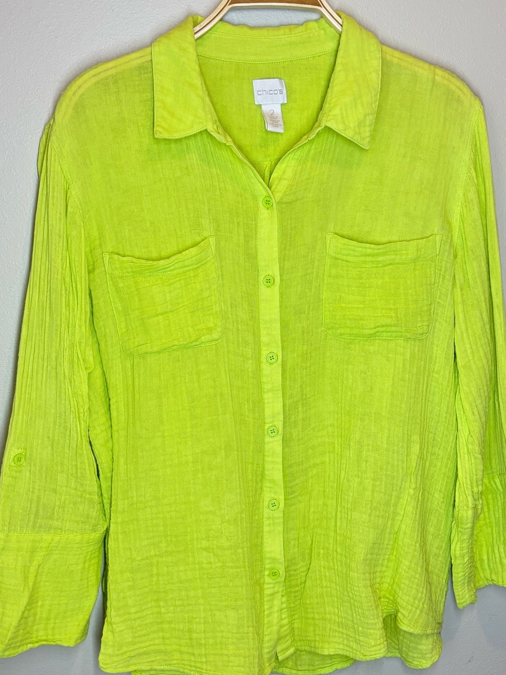 Chico's Neon Lime Button-Front Gauze Cotton Shirt, Large, wrinkle free!